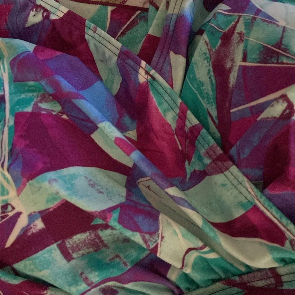 Denim & Co. Beach V Neck Handkerchief Hem Swim Dress Aqua Abstract Palm 10 New - Picture 15 of 15